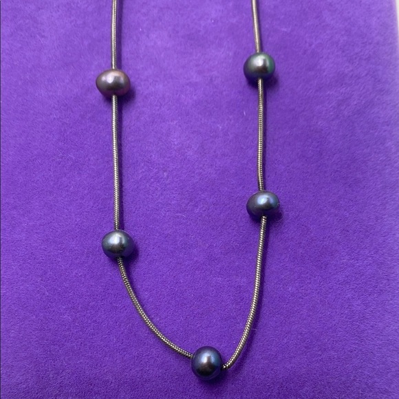 💛 Vintage 925 Silver Black Pearl Station Necklace - Picture 2 of 5